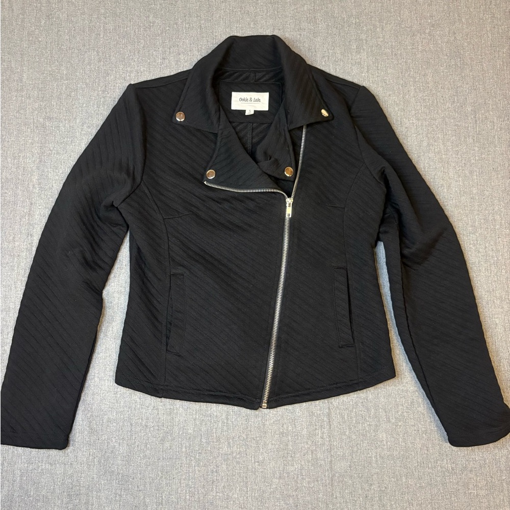 Ookie and Lala Black Quilted Asymmetrical Moto Jacket